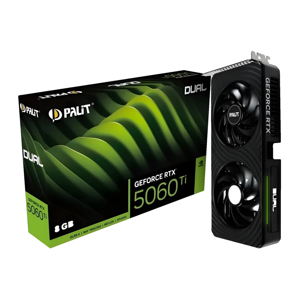 Palit RTX 5060 Ti Dual 8GB negro, vista lateral: tarjeta gráfica con dual ventiladores y caja de embalaje verde