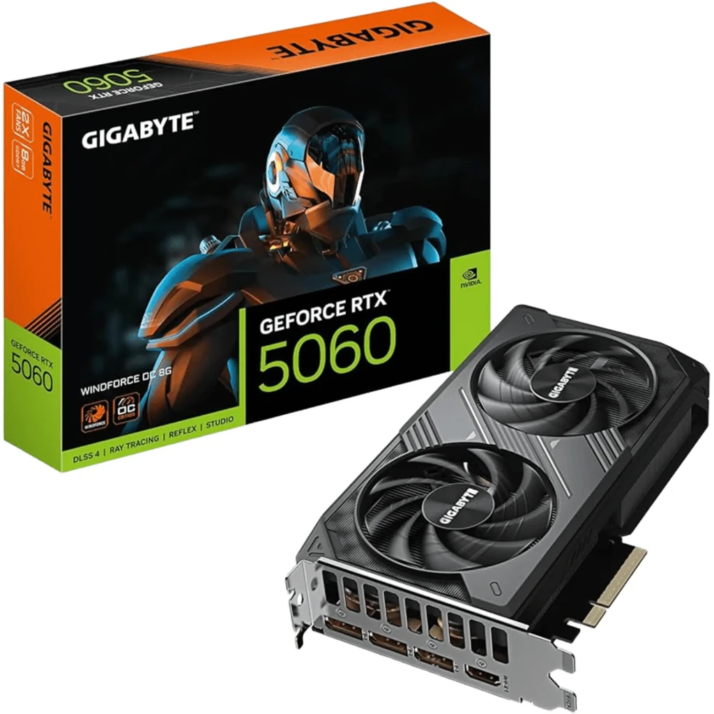 Gigabyte GeForce RTX 5060 WINDFORCE OC 8GB Negro, vista frontal y caja: tarjeta gráfica con doble ventilador y puertos I/O