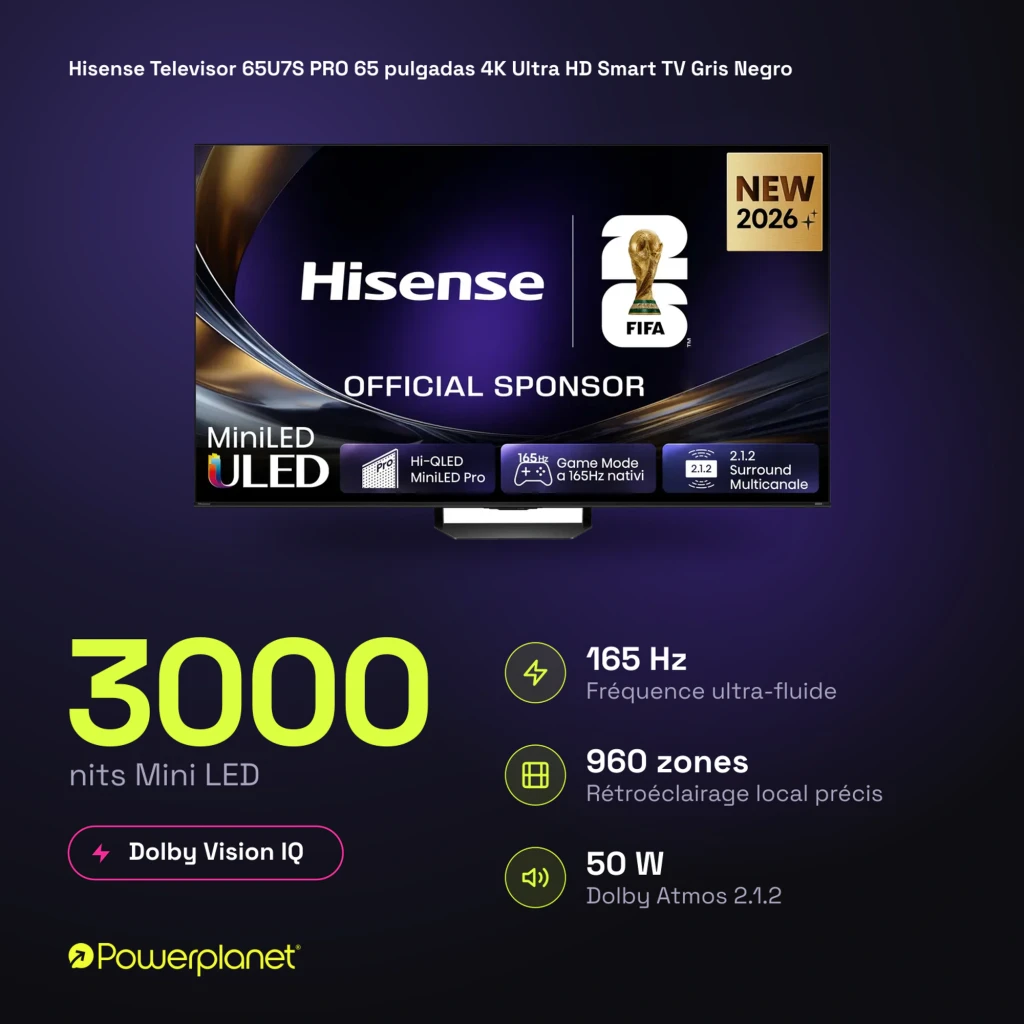 Televisor Hisense 65U7S PRO Mini LED 65 pulgadas 4K con 165 Hz, 3000 nits, 960 zonas de atenuación, Dolby Vision IQ y altavoces 50 W Atmos 2.1