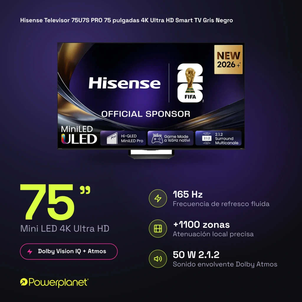 Televisor Hisense 75U7S PRO Mini LED 75 pulgadas 4K con 165 Hz, +1100 zonas de atenuación, Dolby Vision IQ y Dolby Atmos, marco delgado y peana central