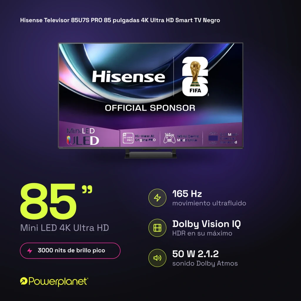 Televisor Hisense 85U7S PRO 85 pulgadas 4K con panel Mini LED, 165 Hz para movimiento fluido, brillo intenso y soporte Dolby Vision IQ y Dolby Atmos