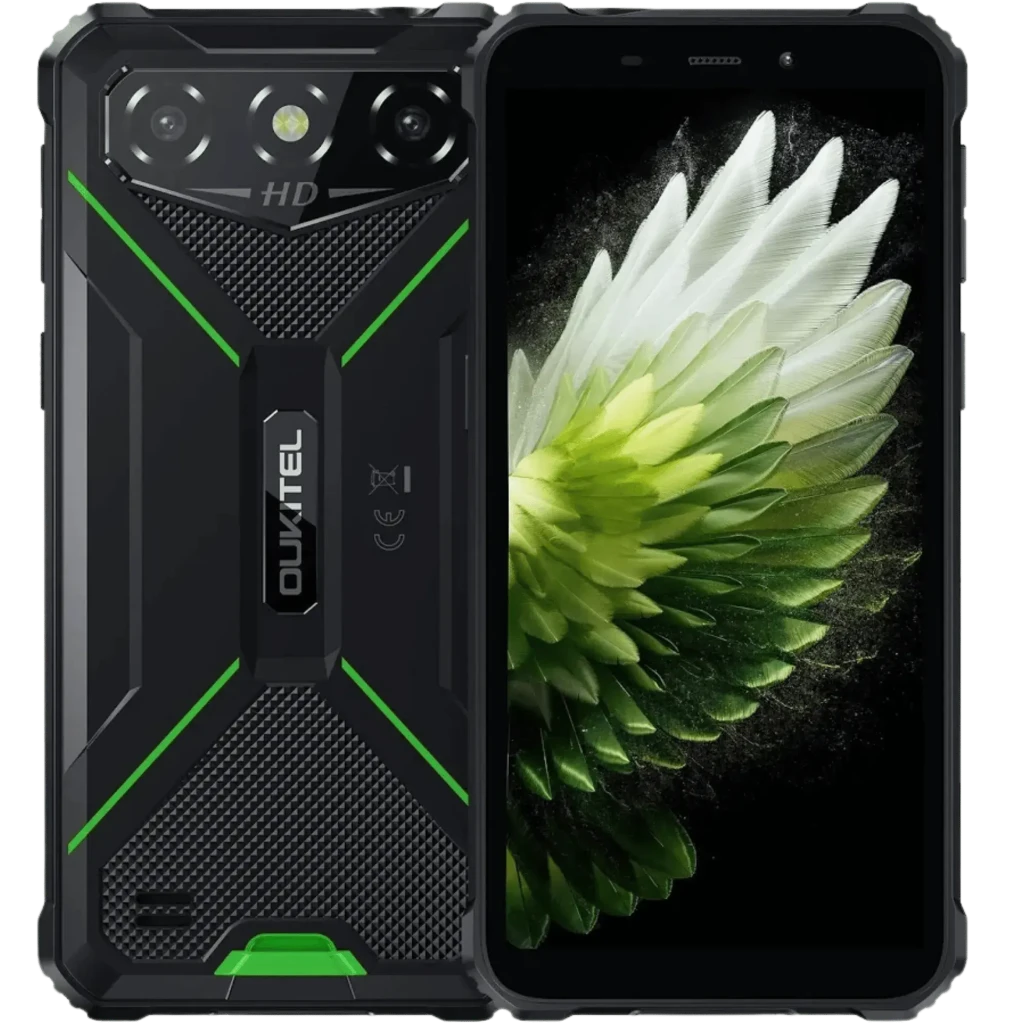 Oukitel G3 4GB/128GB Verde con diseño robusto negro y detalles verdes, doble cámara trasera con flash, frontal con pantalla y biseles reforzados