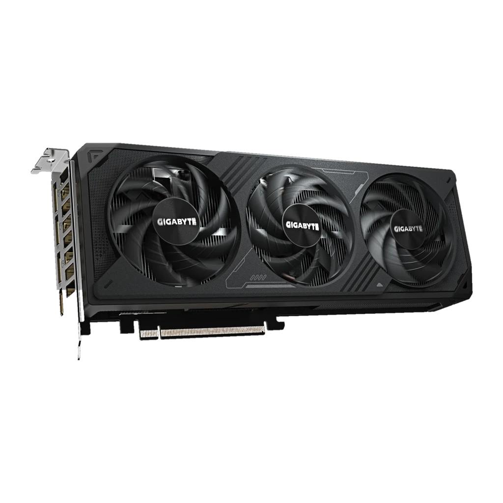 Gigabyte GeForce RTX 5070 WINDFORCE OC 12GB negro, vista lateral: conectores traseros y módulo de ventilación