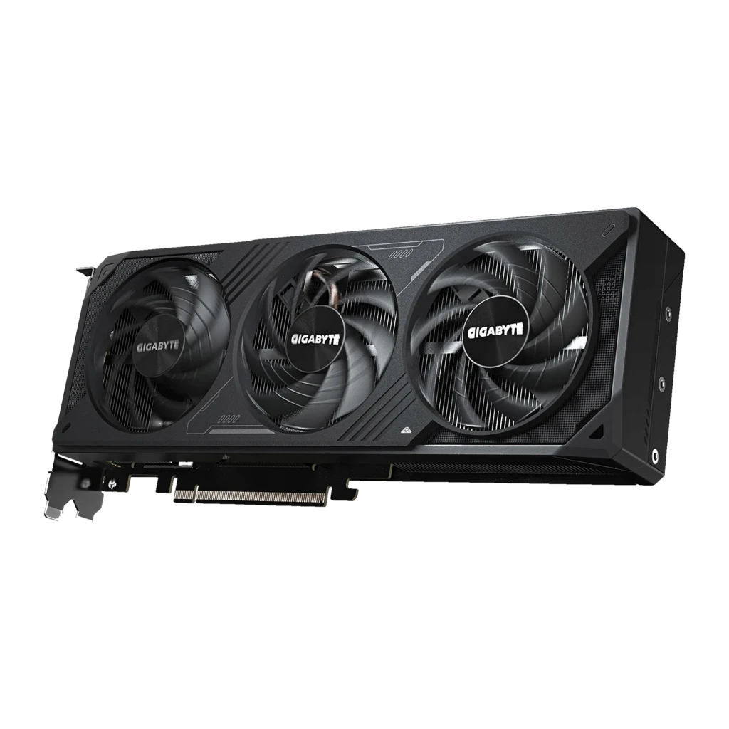 Gigabyte GeForce RTX 5070 WINDFORCE OC 12GB negro, vista isométrica: diseño completo con ventiladores y conectores