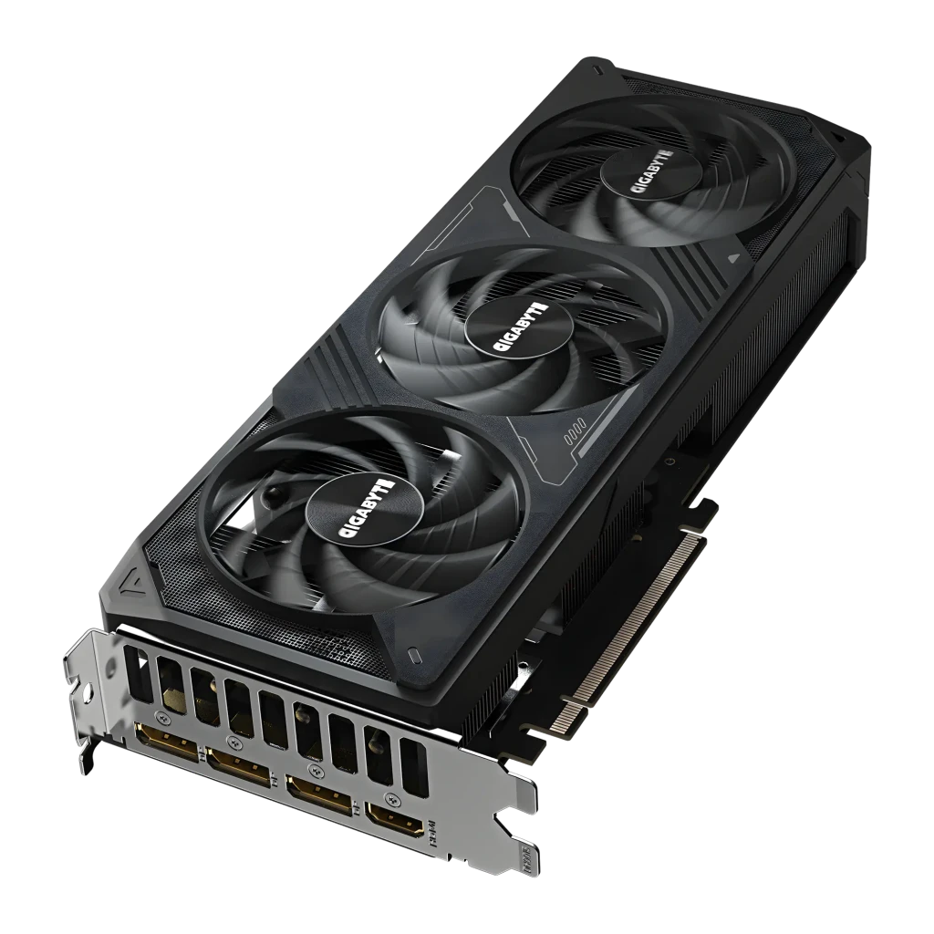 Gigabyte GeForce RTX 5070 WINDFORCE OC 12GB Negro, vista lateral: tres ventiladores WINDFORCE y puertos de conexión