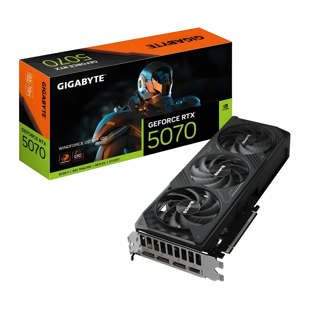 Gigabyte GeForce RTX 5070 WINDFORCE OC 12GB Negro, vista lateral: tarjeta con doble ventilador y caja de embalaje
