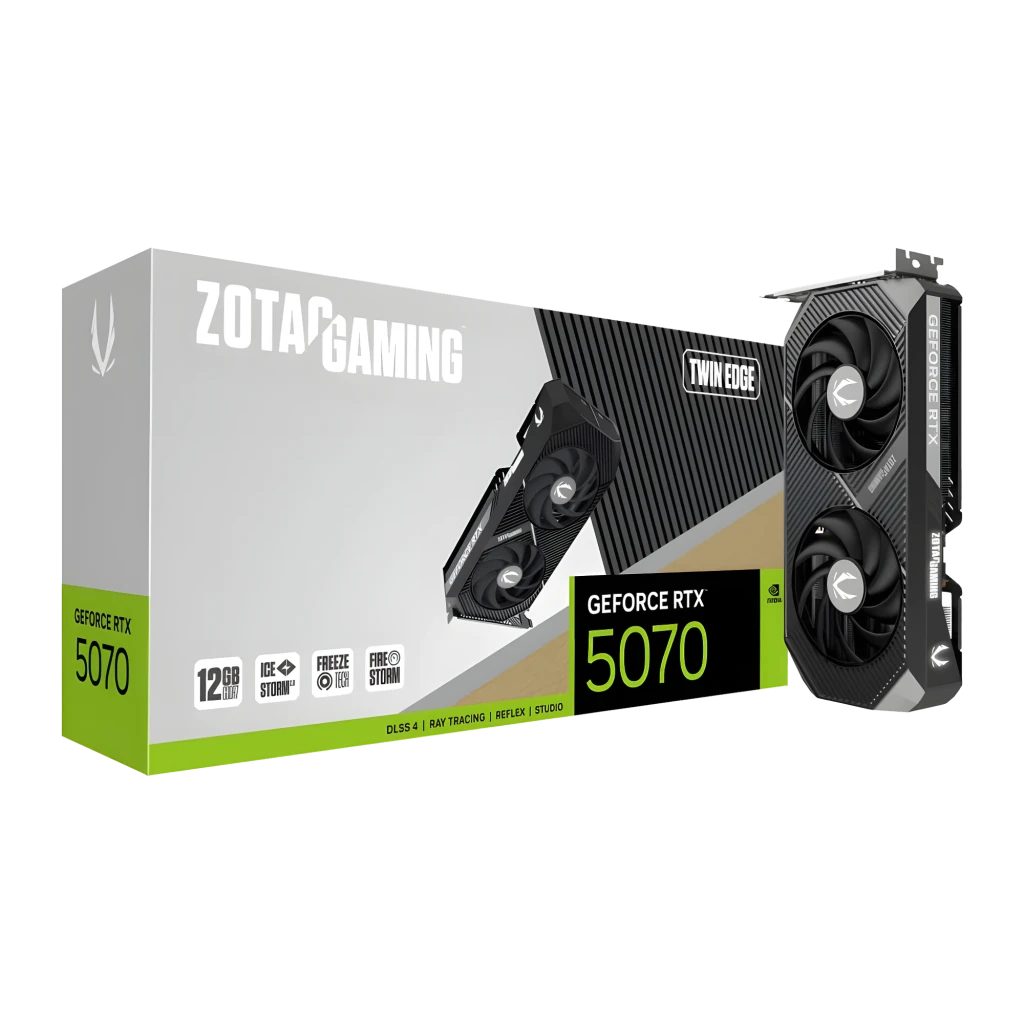 ZOTAC RTX 5070 Twin Edge 12GB, vista lateral con caja: tarjeta gráfica negra con doble ventilador y módulo de memoria