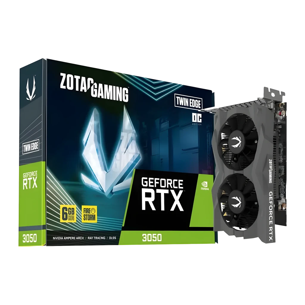 ZOTAC Gaming GeForce RTX 3050 Twin Edge OC 6GB, vista principal: caja verde y tarjeta gráfica con dos ventiladores negros