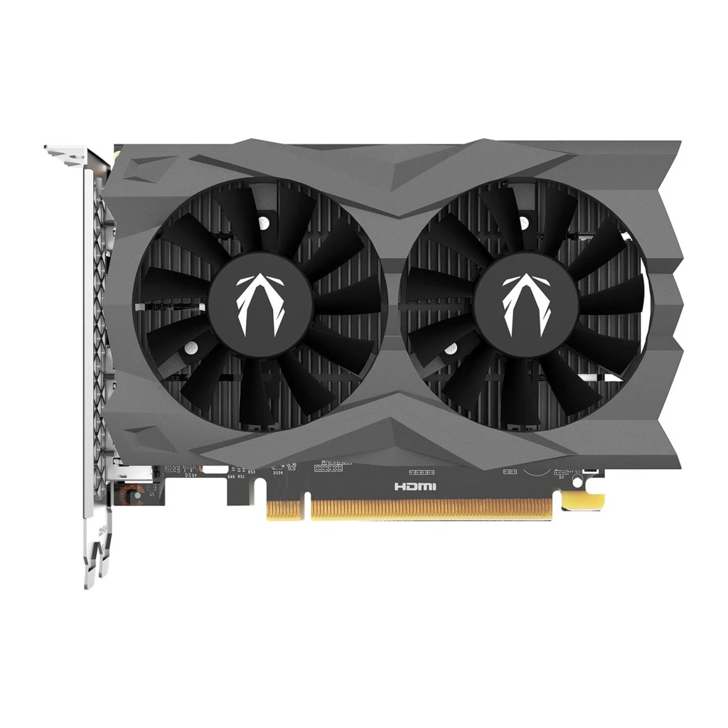 ZOTAC Gaming GeForce RTX 3050 Twin Edge OC 6GB gris, vista frontal: dos ventiladores con logo ZOTAC y conector PCIe dorado