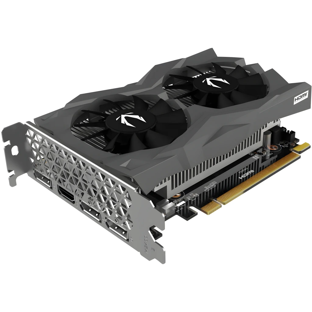 ZOTAC Gaming GeForce RTX 3050 Twin Edge OC 6GB gris, vista en perspectiva: dos ventiladores con logo, bracket y conectores