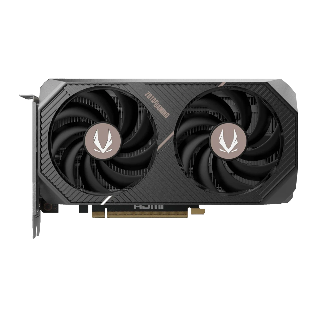 ZOTAC GeForce RTX 5060 Ti AMP 8GB Negro, vista frontal: dual ventiladores y conectores HDMI