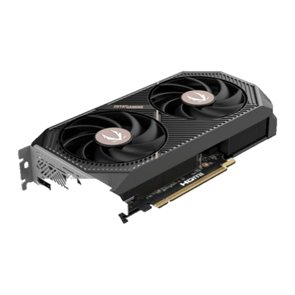 ZOTAC GeForce RTX 5060 Ti AMP 8GB Negro, vista lateral: perfil con dual ventiladores y ranura PCIe