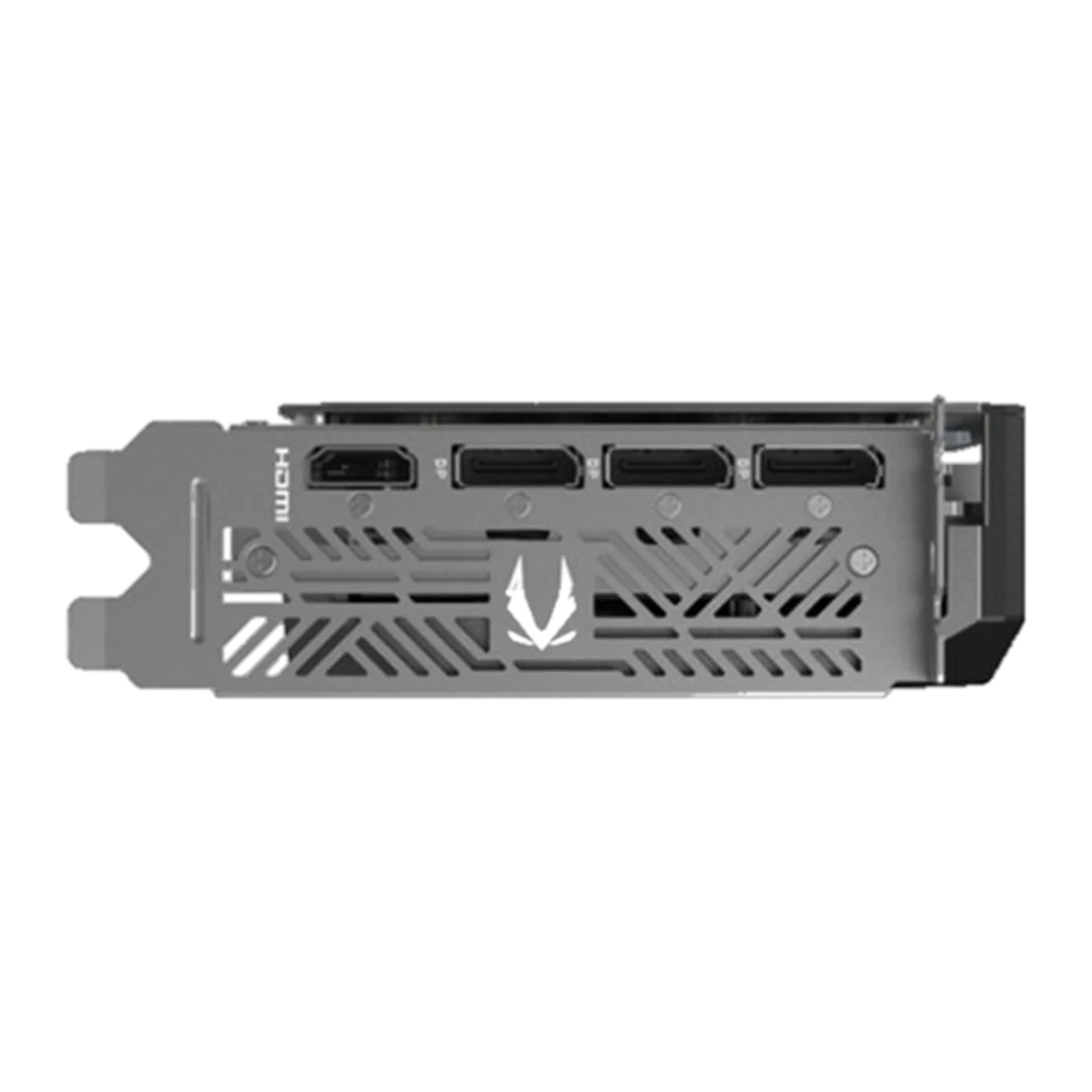 ZOTAC GeForce RTX 5060 Ti AMP 8GB Negro, vista trasera: puertos de salida y disipador térmico