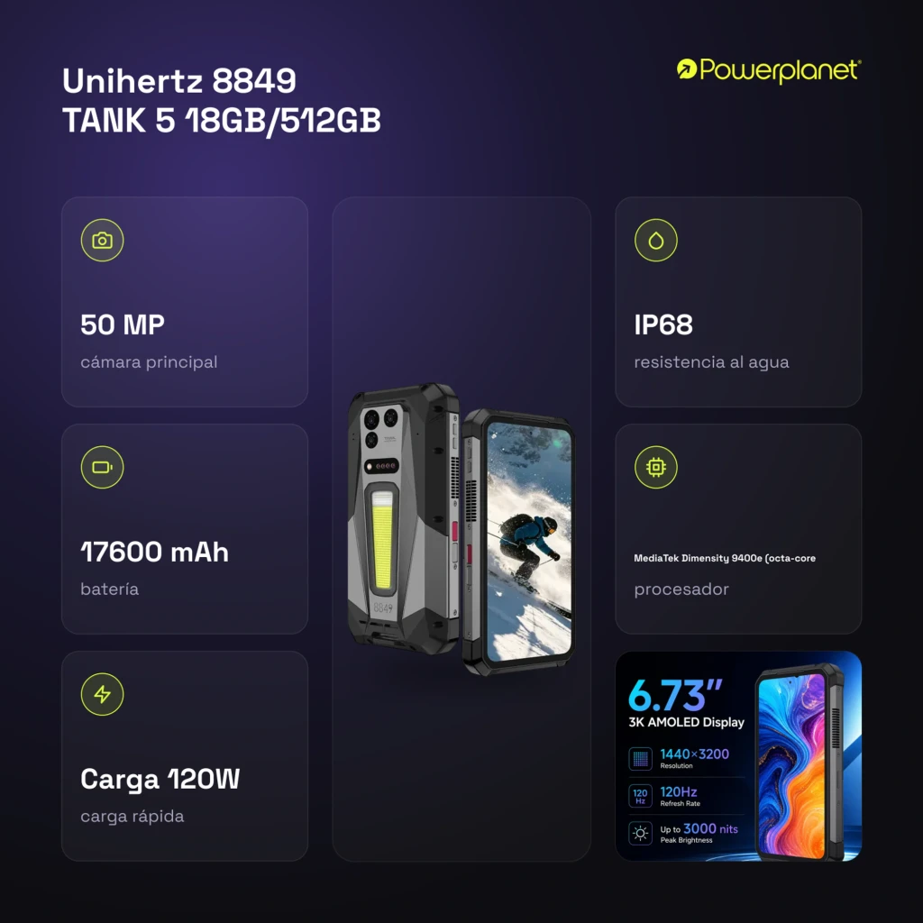 Unihertz 8849 Tank 5 robusto con carcasa rugerizada, cámara 50 MP, pantalla 6.73 3K, 18GB/512GB, batería 17600 mAh, carga 120W, IP68 y proyector DLP 2K