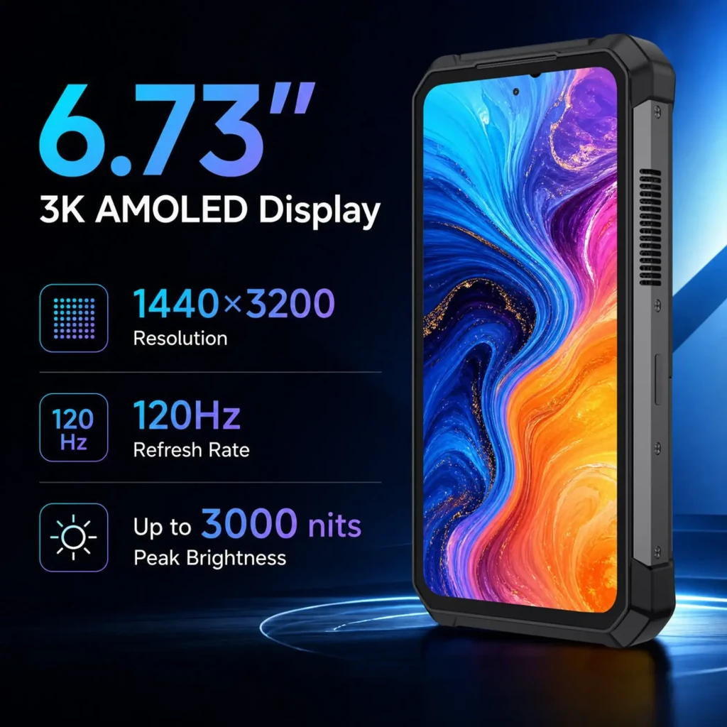 Unihertz 8849 Tank 5 con pantalla 6.73 pulgadas 3K AMOLED 1440x3200, 120 Hz y hasta 3000 nits; chasis robusto con bordes reforzados y rejillas laterales