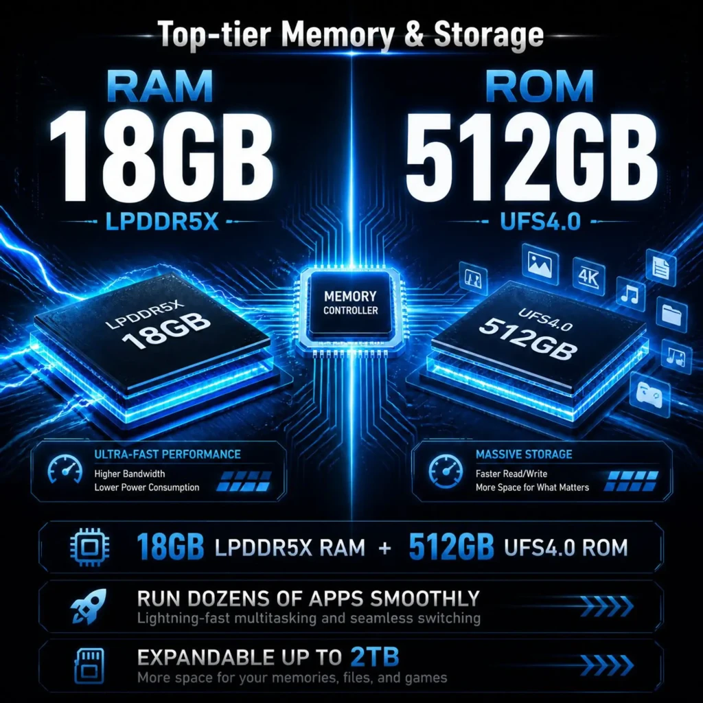Unihertz 8849 Tank 5 con RAM 18GB LPDDR5X y ROM 512GB UFS 4.0, controlador de memoria avanzado y expansión hasta 2TB, multitarea veloz y fluida