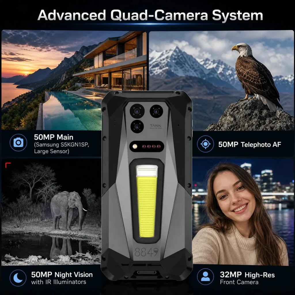 Unihertz 8849 Tank 5 resistente con cuatro cámaras: 50MP principal, 50MP telefoto, 50MP visión nocturna IR, 32MP frontal; cuerpo robusto con LED trasero
