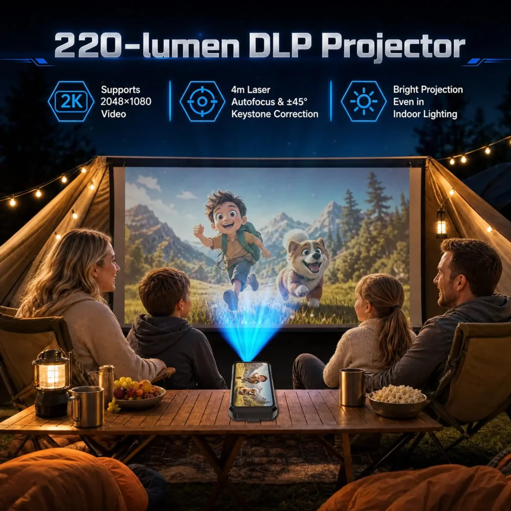 Unihertz 8849 Tank 5 proyectando en camping: proyector DLP 220 lúmenes, video 2K, enfoque láser 4 m, corrección keystone ±45°, imagen brillante en interior