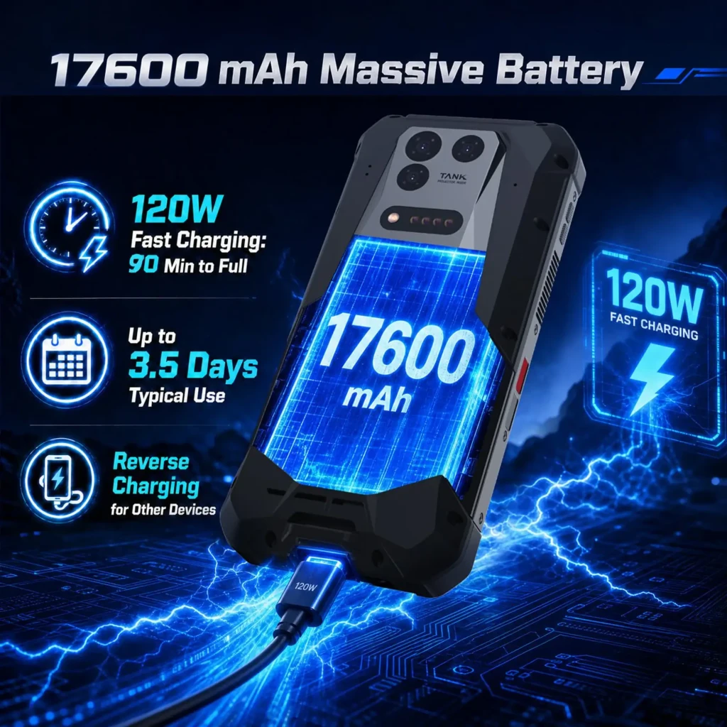 Unihertz 8849 Tank 5 robusto con pantalla que muestra 17600 mAh, carga rápida 120W, uso típico hasta 3.5 días y carga inversa; diseño resistente y angular