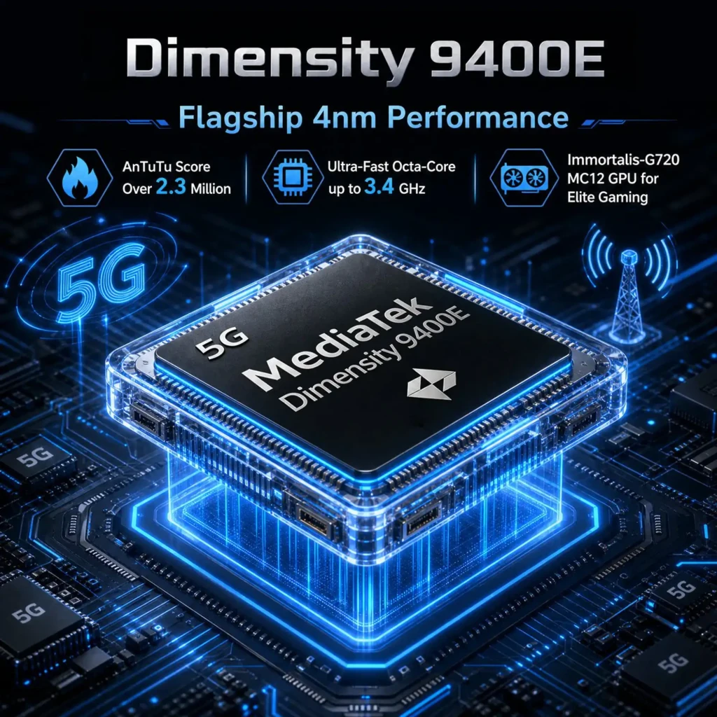Chip MediaTek Dimensity 9400E 5G con proceso de 4 nm, CPU hasta 3.4 GHz y GPU Immortalis G720 MC12, iluminación azul tecnológica en placa electrónica
