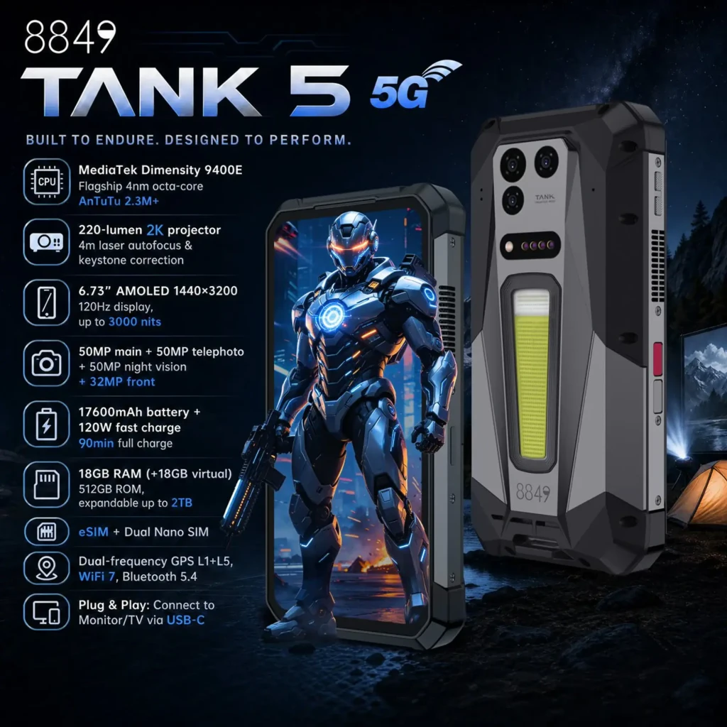 Unihertz 8849 Tank 5: smartphone rugerizado 5G con proyector DLP 220 lm, pantalla AMOLED 6.7, triple cámara 200 MP, batería 17600 mAh y 18GB RAM 512GB ROM