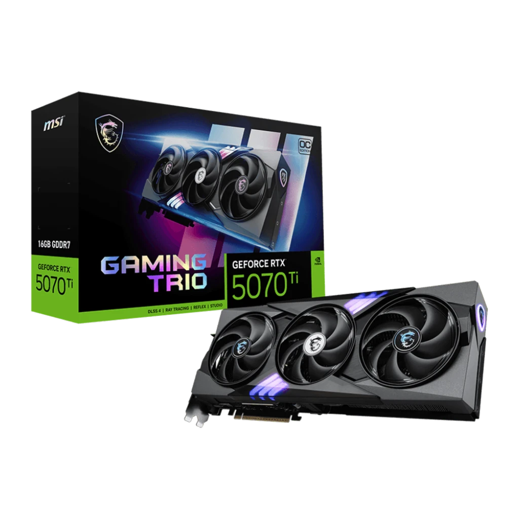 MSI GeForce RTX 5070 Ti Gaming Trio OC 16GB preto, embalagem e produto: caixa Gaming Trio com placa