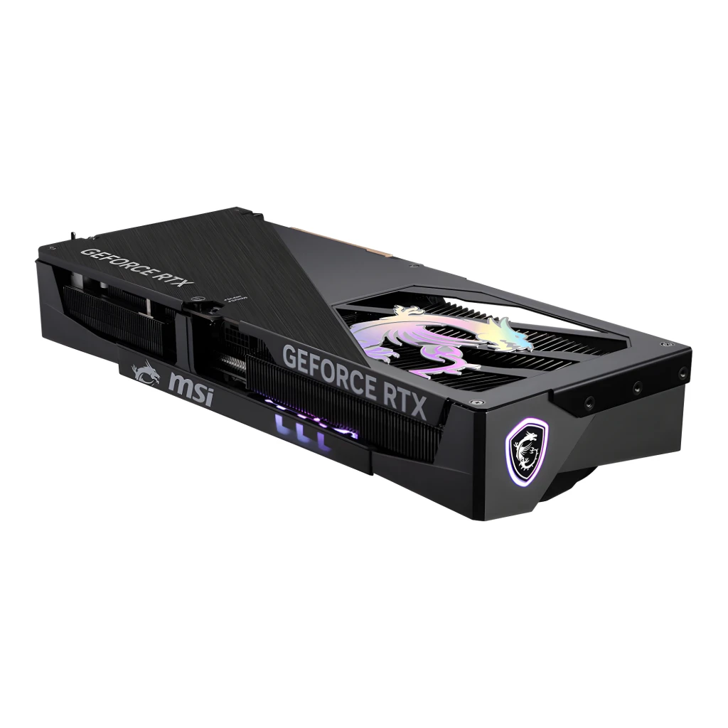 MSI GeForce RTX 5070 Ti Gaming Trio OC 16GB Preto, vista superior lateral: backplate preto com dragão RGB e logo MSI