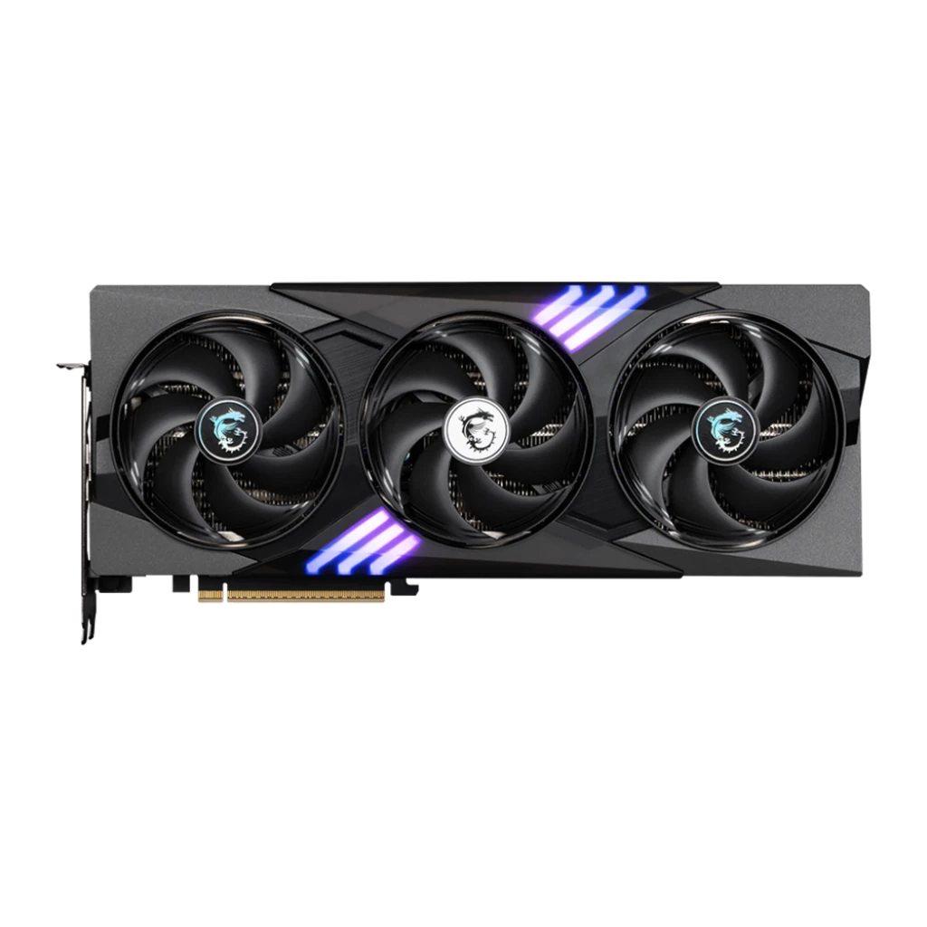 MSI GeForce RTX 5070 Ti Gaming Trio OC 16GB preto, vista lateral: perfil com conectores e LED RGB
