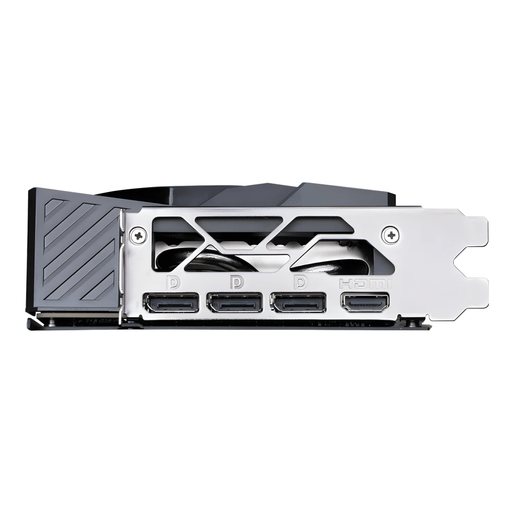 MSI GeForce RTX 5070 Ti Gaming Trio OC 16GB Preto, vista inferior: bracket com 3 DisplayPort e 1 HDMI