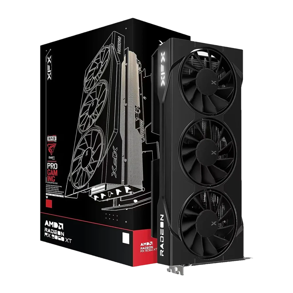 XFX SWIFT RX 9060 XT OC Triple Fan 16GB negro, caja y producto: embalaje con tarjeta gráfica