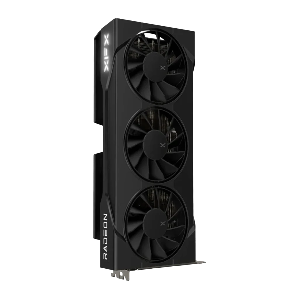 XFX SWIFT RX 9060 XT OC Triple Fan 16GB negra, vista lateral: tres ventiladores con logo X, letrero Radeon y bracket metálico