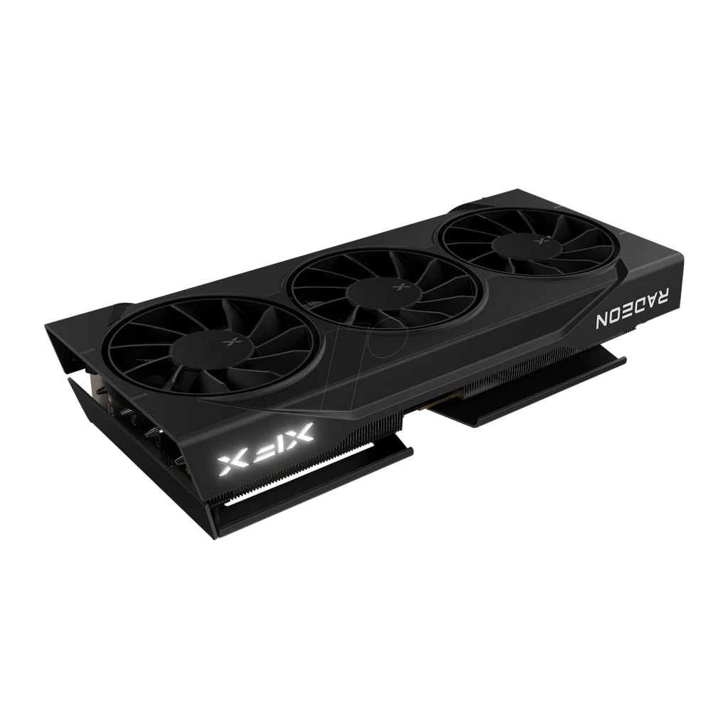 XFX Swift RX 9060 XT OC Triple Fan 16GB negra, vista en perspectiva: tres ventiladores, logo XFX iluminado y letrero Radeon
