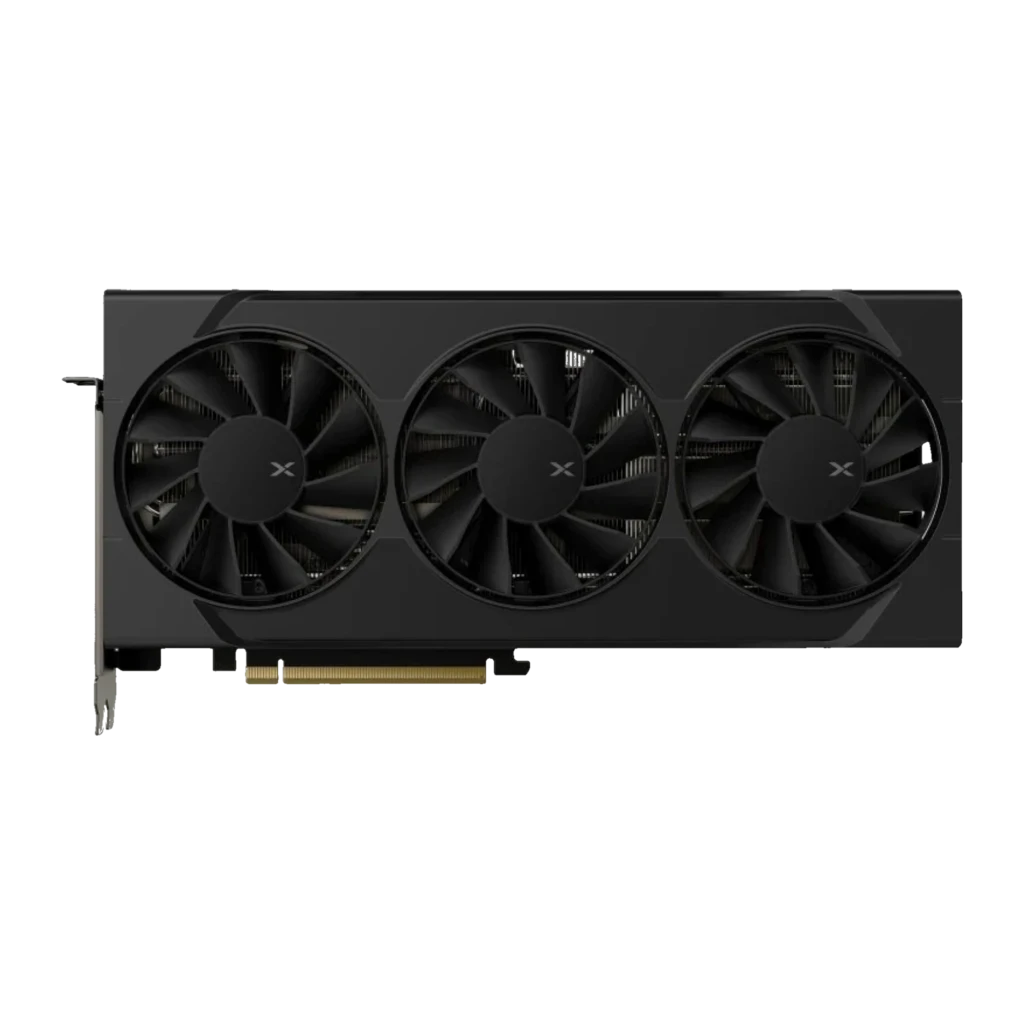 XFX SWIFT RX 9060 XT OC Triple Fan 16GB negro, ángulo isométrico: tres ventiladores y placa