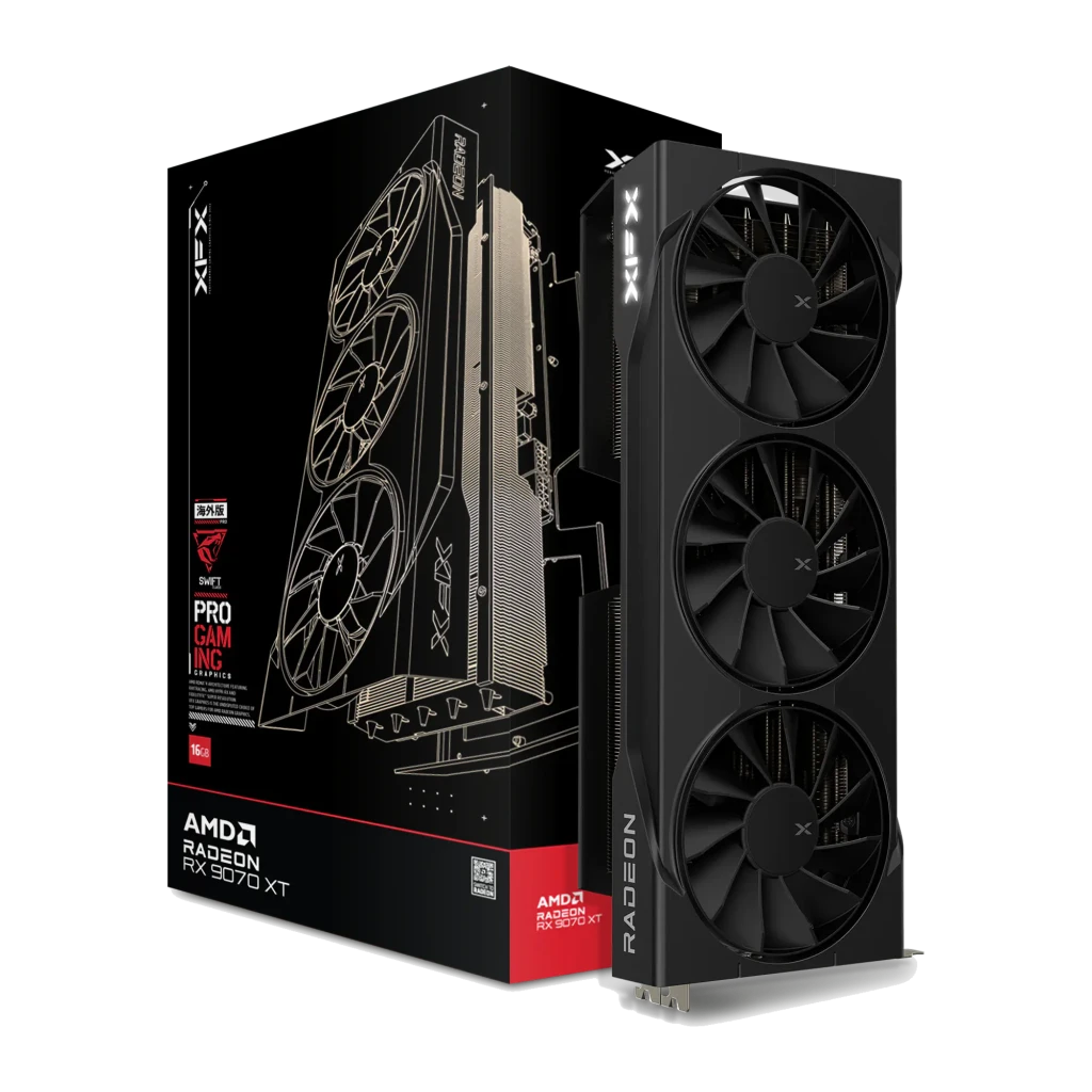 XFX Radeon RX 9070 XT Swift 16GB Negro, vista frontal con caja: tarjeta con triple ventilador junto a su packaging