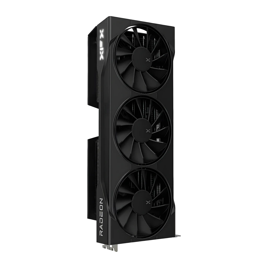 XFX Radeon RX 9070 XT Swift 16 GB Negro, vista frontal en ángulo: triple ventilador negro con logo XFX y texto Radeon