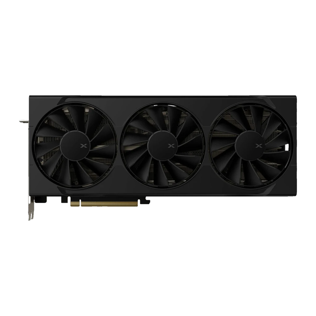XFX Radeon RX 9070 XT Swift 16GB Negro, vista superior: tres ventiladores con logo XFX visible