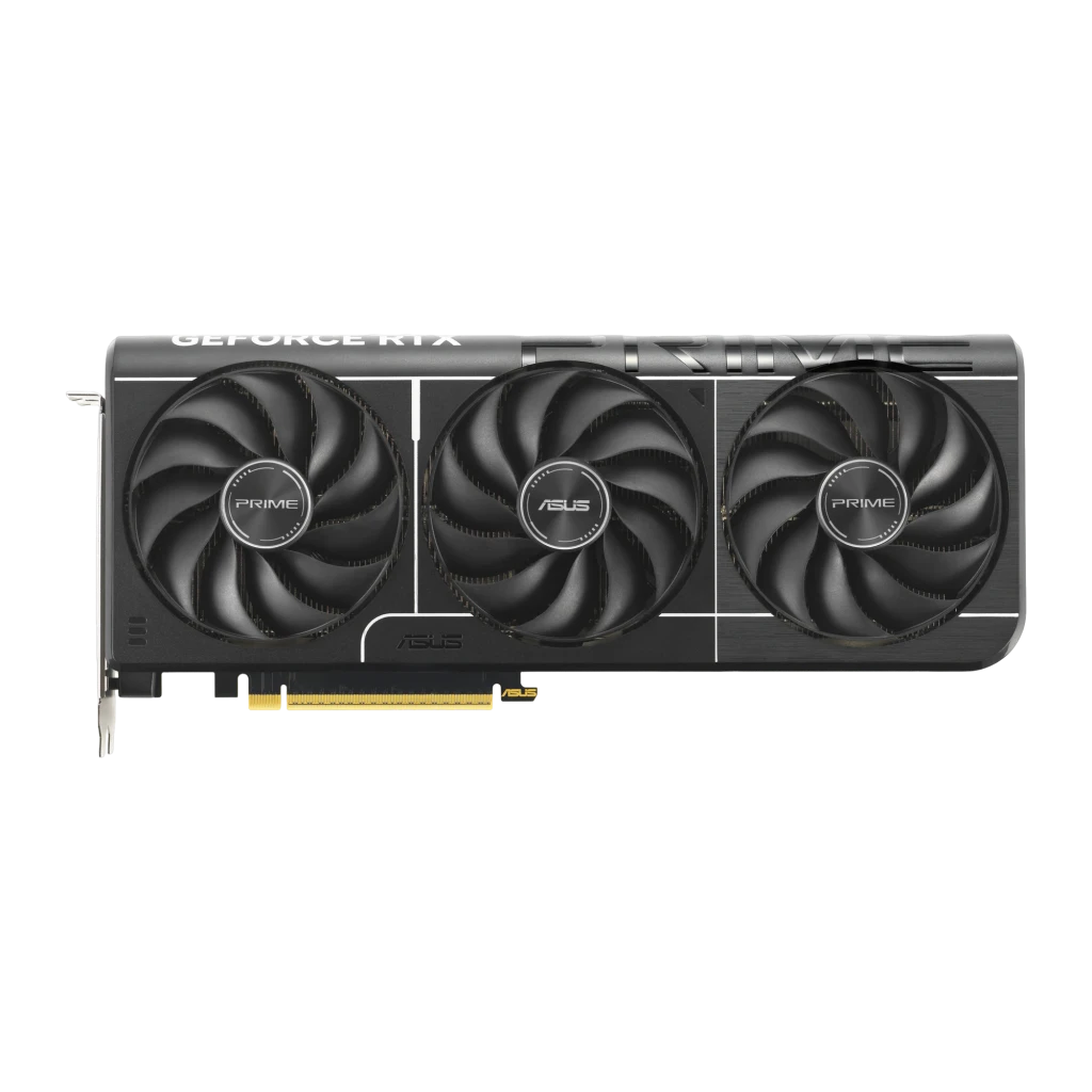 ASUS PRIME RTX 5070 OC 12GB Negro, vista frontal: tres ventiladores con logo PRIME y ASUS, conector PCIe dorado