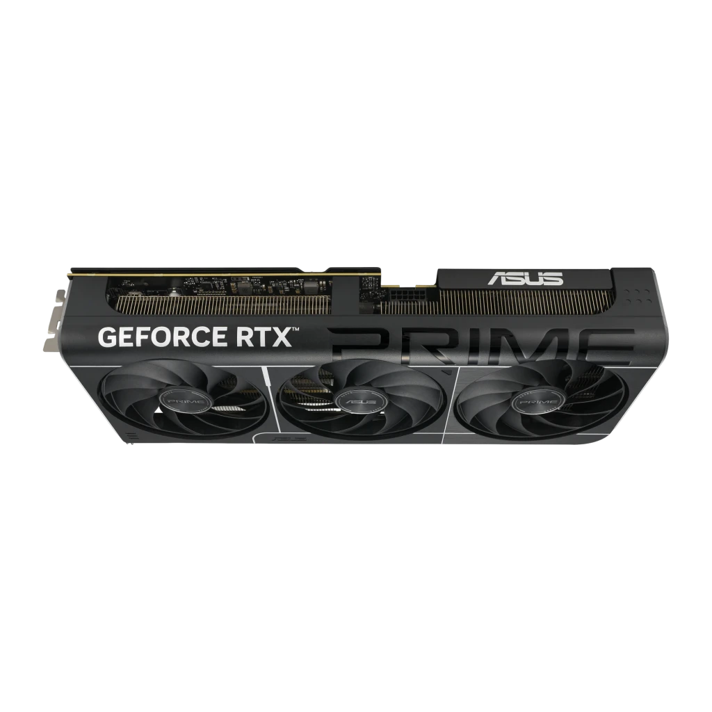 ASUS PRIME RTX 5070 OC 12GB Negro, vista frontal superior: tres ventiladores, logo GeForce RTX y PRIME en shroud negro