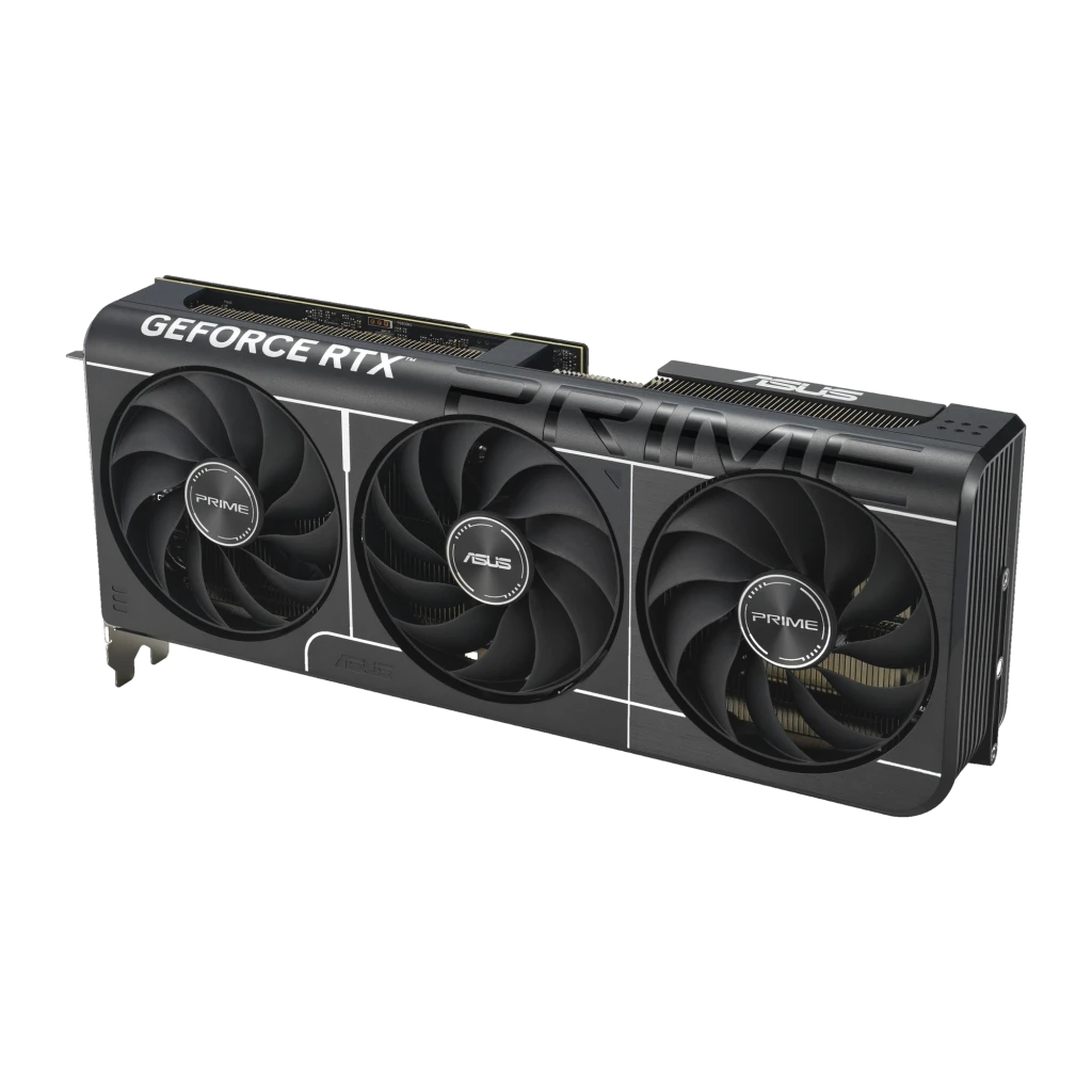 ASUS PRIME RTX 5070 OC 12GB Negro, vista en ángulo: tres ventiladores y carcasa negra