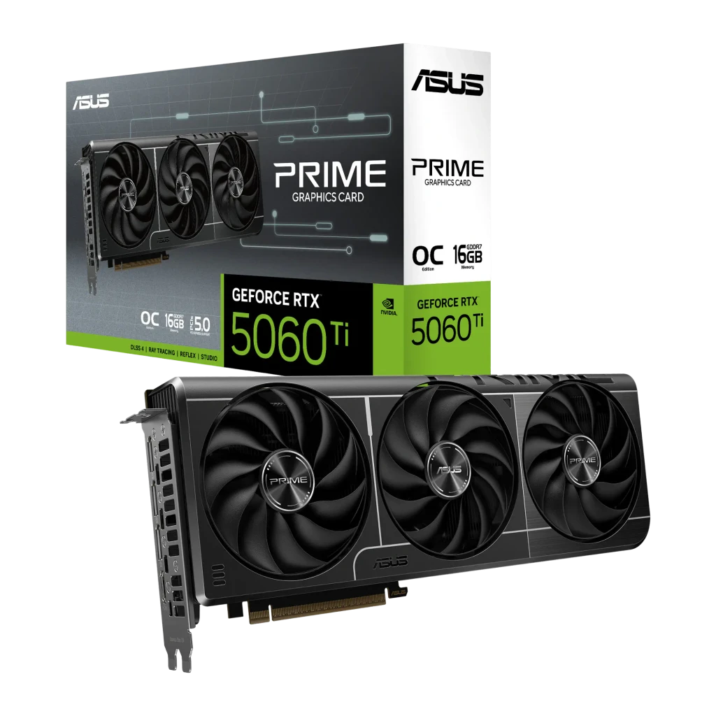 ASUS Prime GeForce RTX 5060 Ti OC 16GB negra, vista con caja: tarjeta en ángulo frontal y packaging OC Edition