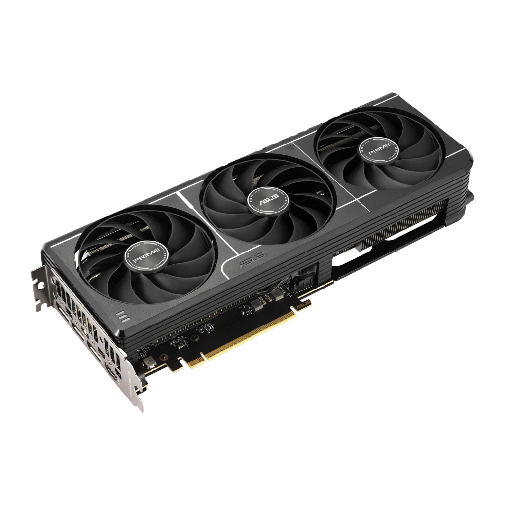ASUS Prime GeForce RTX 5060 Ti OC 16GB negra, vista angular: triple ventilador con logos ASUS y PRIME, conectores PCIe y