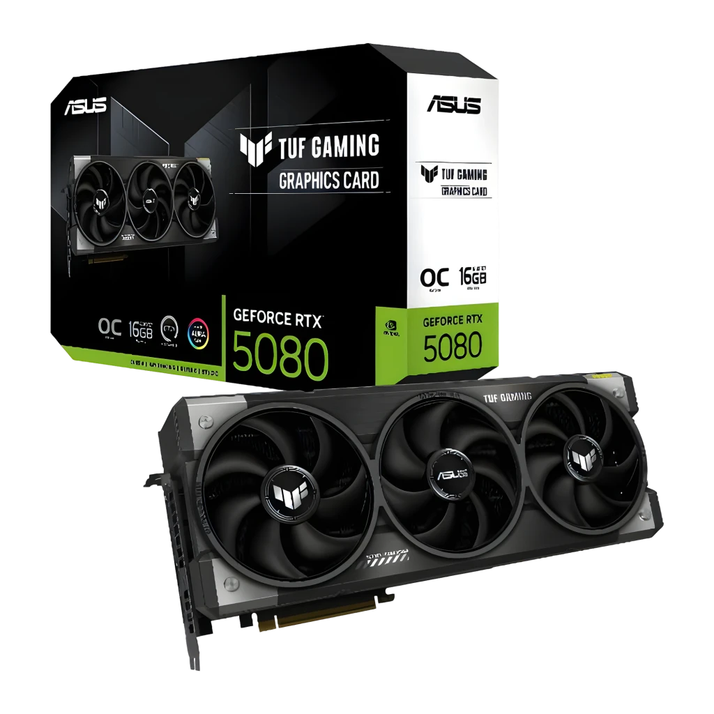ASUS TUF Gaming GeForce RTX 5080 OC 16GB, vista con caja: tarjeta gráfica negra con tres ventiladores y packaging frontal y
