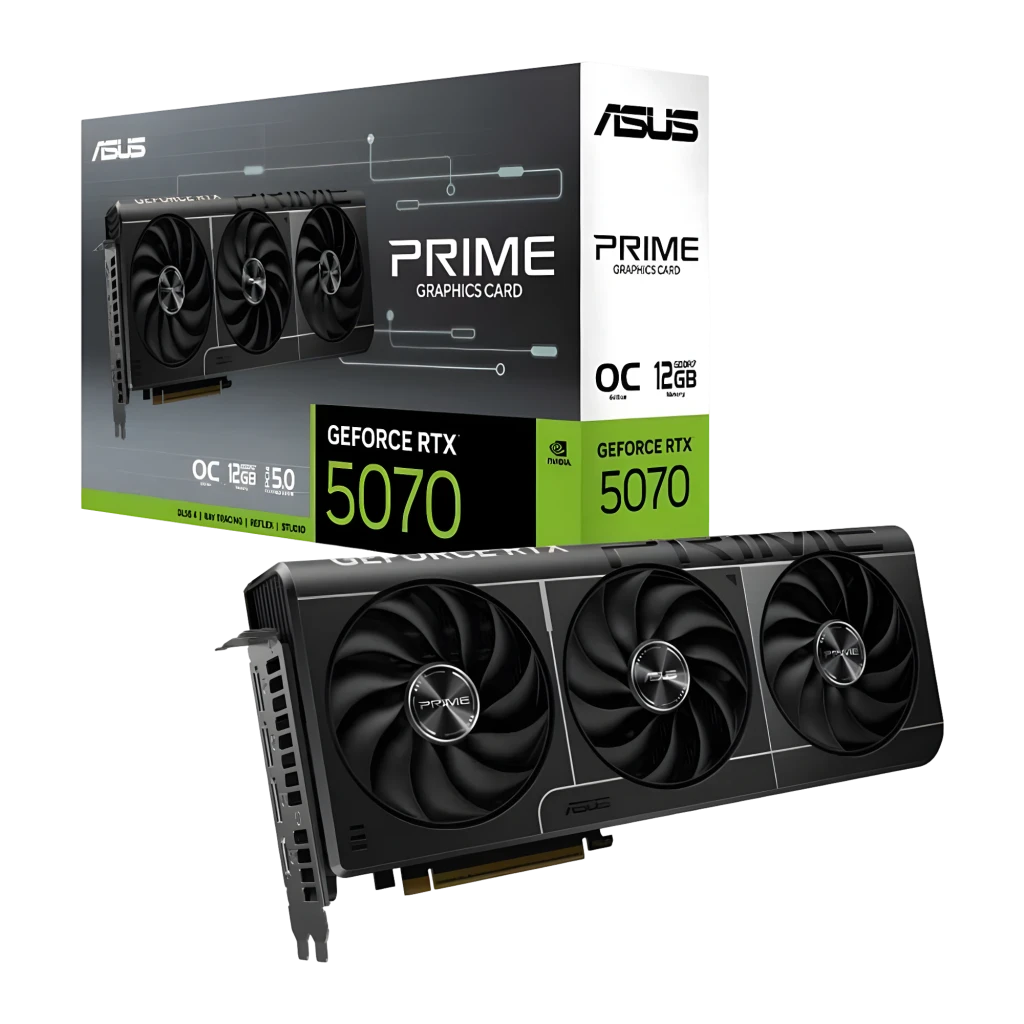 Palit GeForce RTX 5070 Infinity 3 OC 12GB Negro, vista lateral: tarjeta con triple ventilador y caja de embalaje