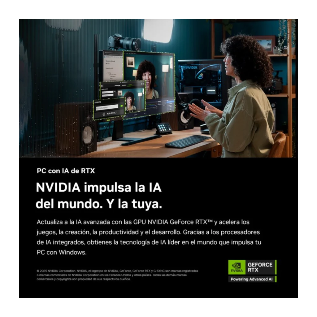 Palit GeForce RTX 5070 Infinity 3 OC 12GB negro, escena de uso: tarjeta gráfica en PC gaming con monitor mostrando IA
