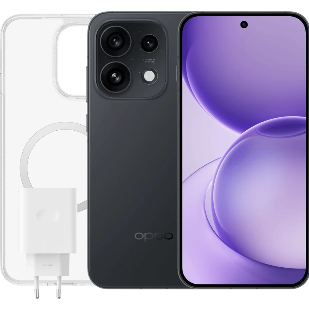 OPPO Reno16 Pro 5G negro estelar con pantalla AMOLED 6,32 pulgadas 144Hz, triple cámara trasera, frontal perforada centrada, con funda transparente y cargador
