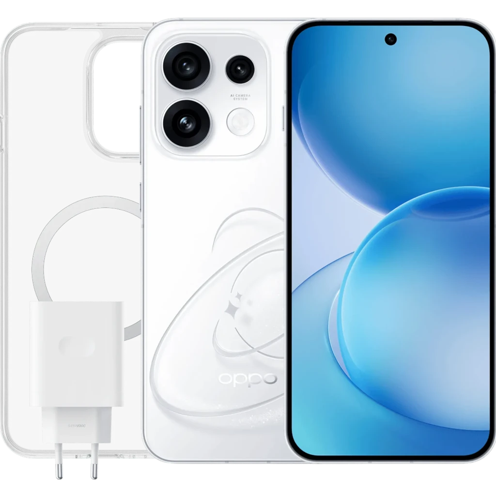 OPPO Reno16 Pro 5G blanco con triple cámara trasera, pantalla completa con orificio central, funda transparente y cargador USB incluidos