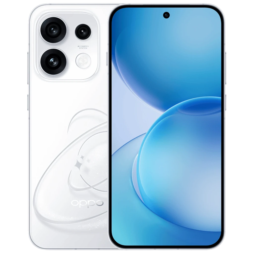 OPPO Reno16 Pro 5G blanco con pantalla casi sin bordes y cámara trasera triple grande; acabado perlado con detalle brillante y módulo de lentes destacado