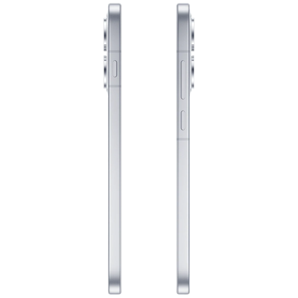 Perfil lateral del OPPO Reno16 Pro 5G en blanco, cuerpo metálico delgado, botones de volumen y encendido, marcos rectos y módulo de cámara sobresaliente