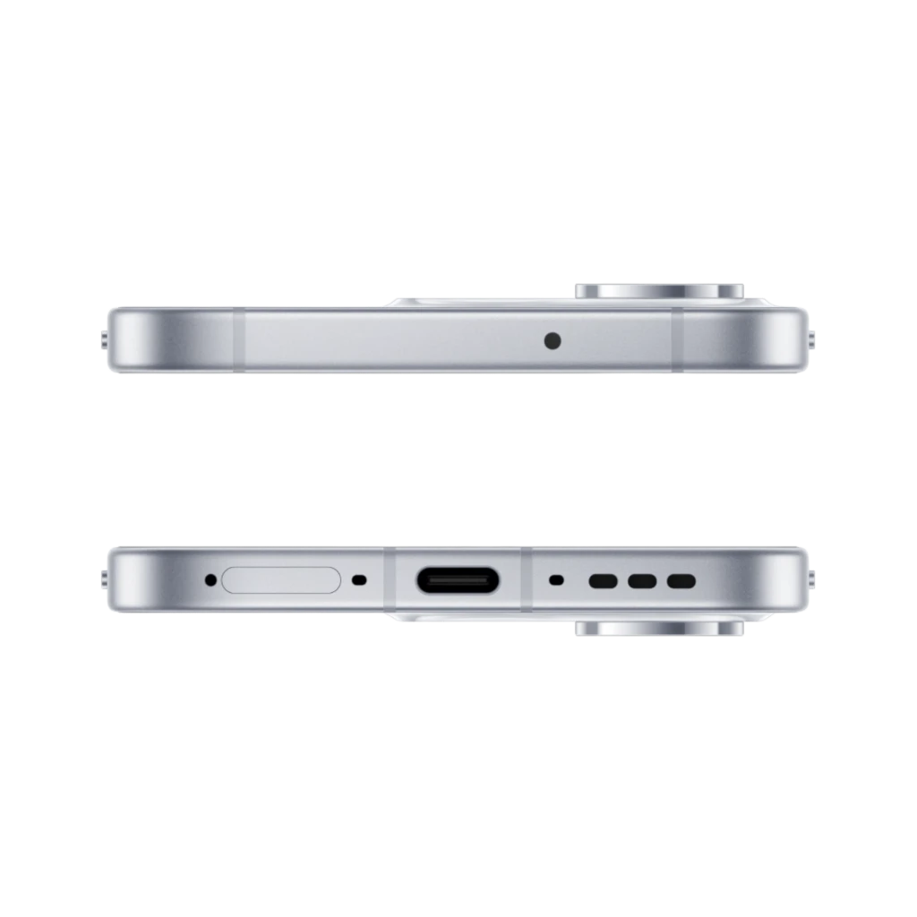 OPPO Reno16 Pro 5G Blanco visto de canto: marco metálico plateado, módulo de cámara trasera sobresaliente, USB-C, rejillas de altavoz y bandeja SIM