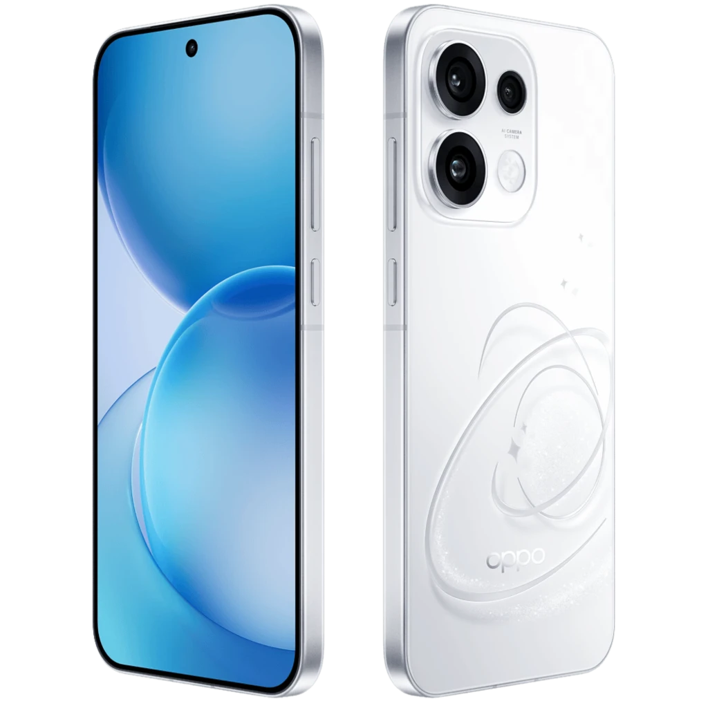 OPPO Reno16 Pro 5G blanco con pantalla perforada, bordes rectos de aluminio y triple cámara trasera grande en módulo cuadrado con acabado nacarado brillante